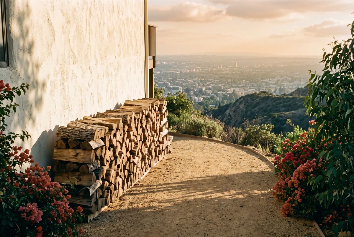 A delivered rick of split firewood stacked along a hillside home's driveway above the Los Angeles basin