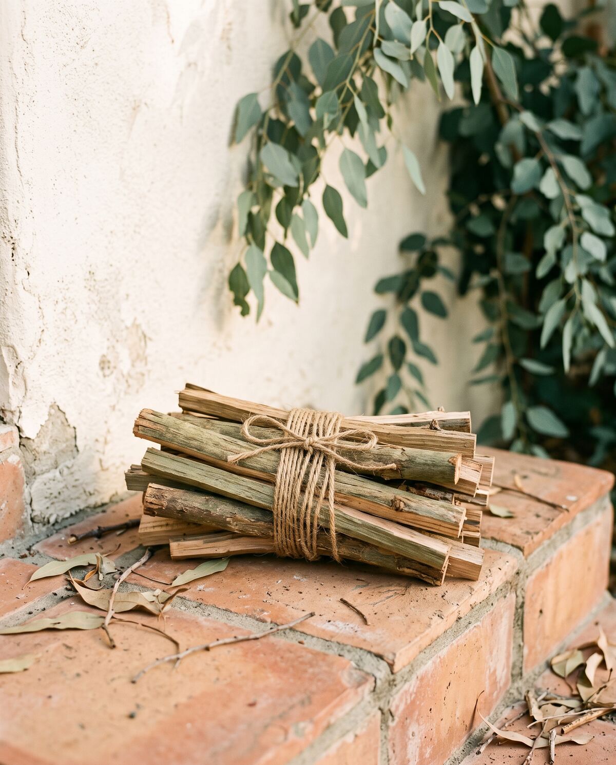 A bundle of dry split kindling tied with jute twine resting on a terracotta tile step