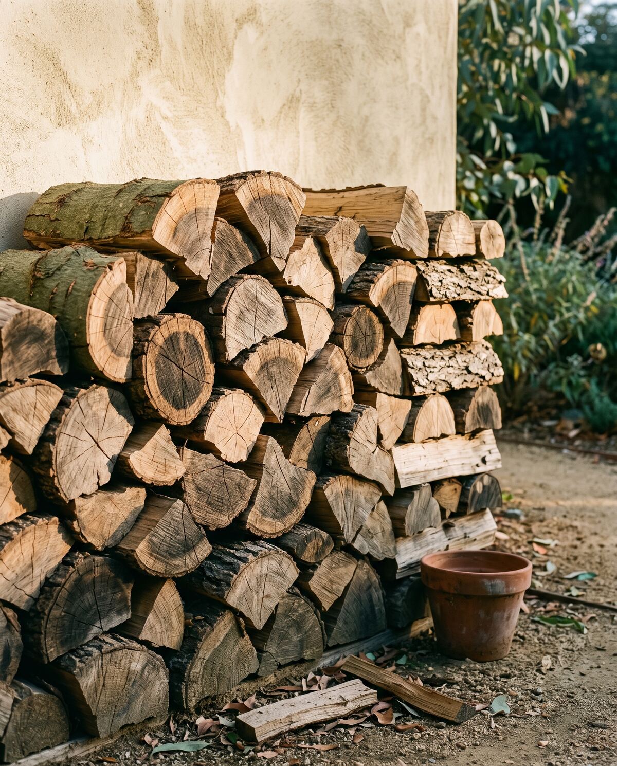 A neat rick of split mixed hardwood firewood stacked against a cream stucco garden wall