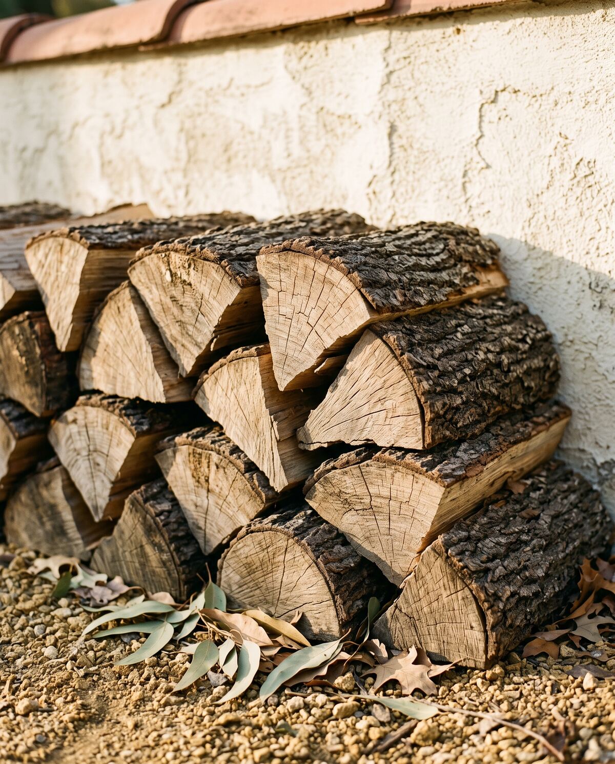Close-up of split seasoned oak firewood with deep radial checking across the pale end grain